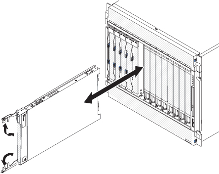 Graphic illustrating the removal of a BladeCenter HX5 blade server from a chassis