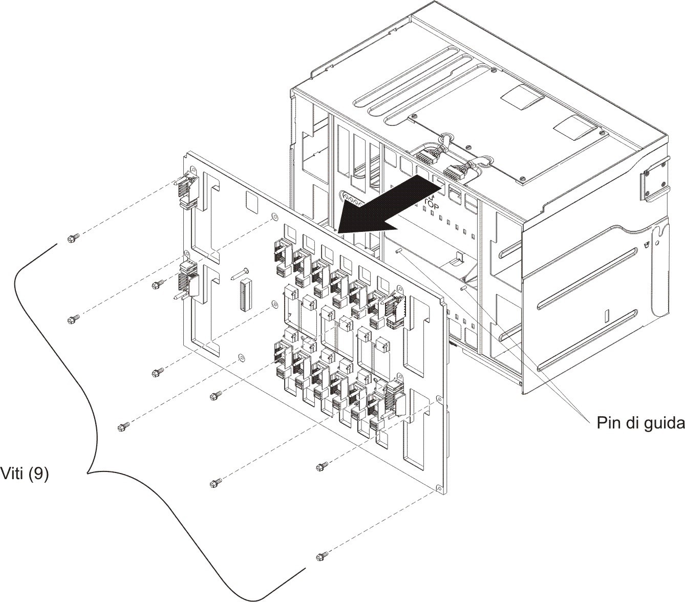 Figura che illustra la rimozione di un supporto centrale da un'unità BladeCenter.