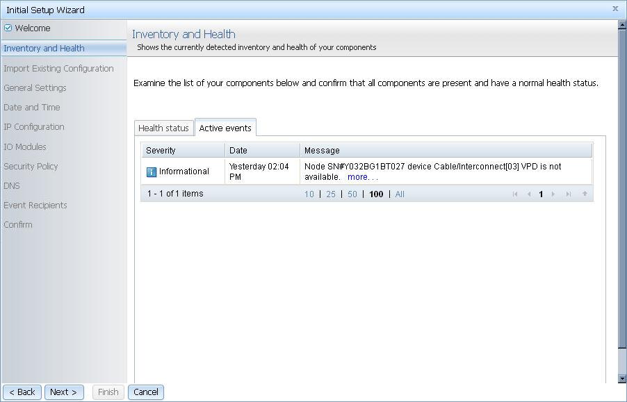 Illustration of the Initial Setup Wizard - Inventory and Health page with Active events tab shown