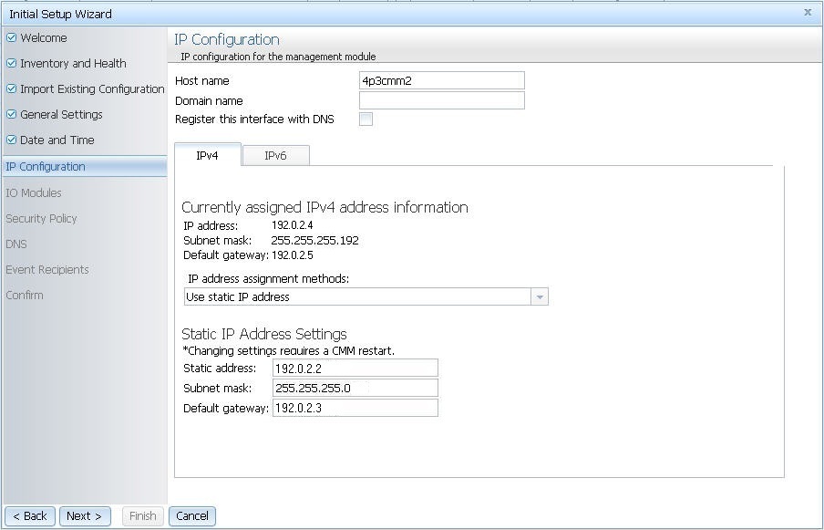 Illustration of the Initial Setup Wizard - IP Configuration page, with IPv4 tab shown