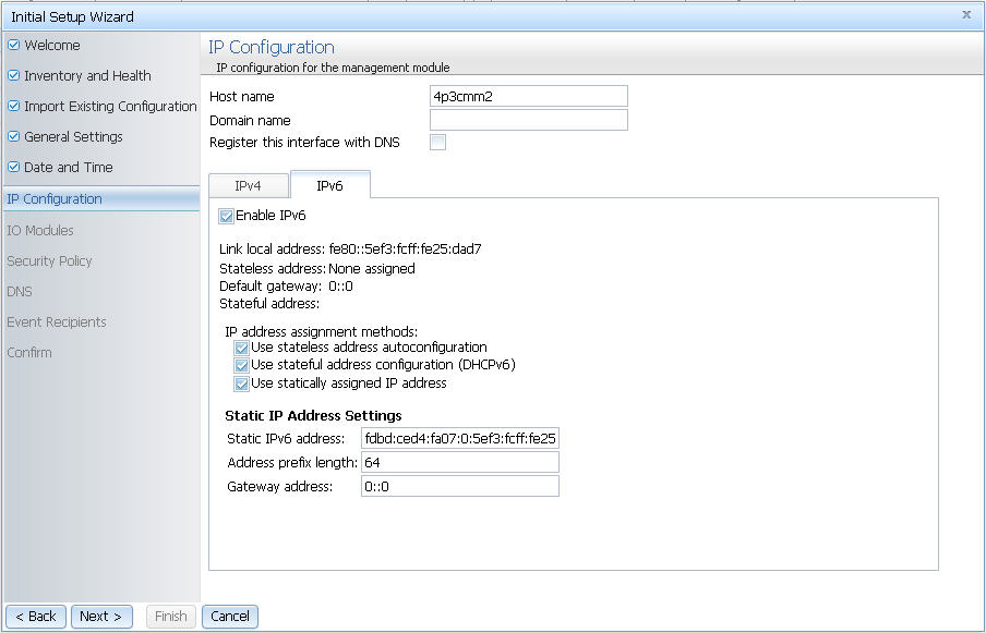 Illustration of the Initial Setup Wizard - IP Configuration page with IPv6 tab shown