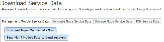 Illustration showing the Download Service Data page with the following options: Download Mgmt Module Data Now, Send Mgmt Module Data to e-mail recipient, Compute Node Service Data, and Storage Node Service Data.
