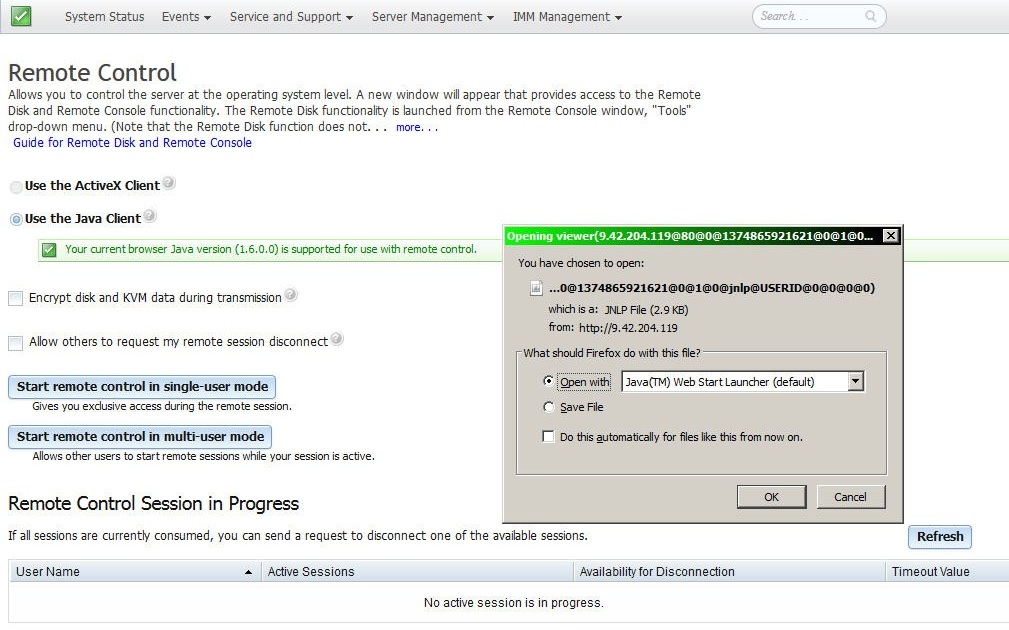 Illustration of the IMM2 web interface Remote Control page