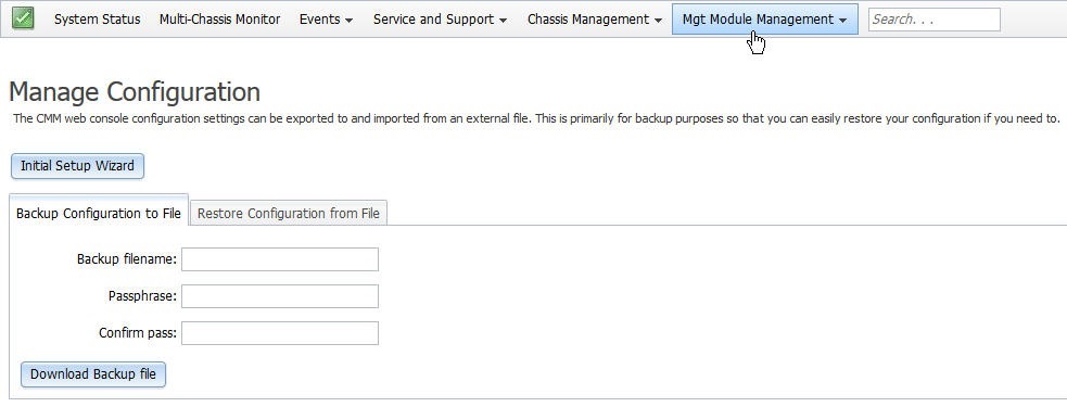 Graphic illustrating Manage Configuration page, Backup Configuration to File option