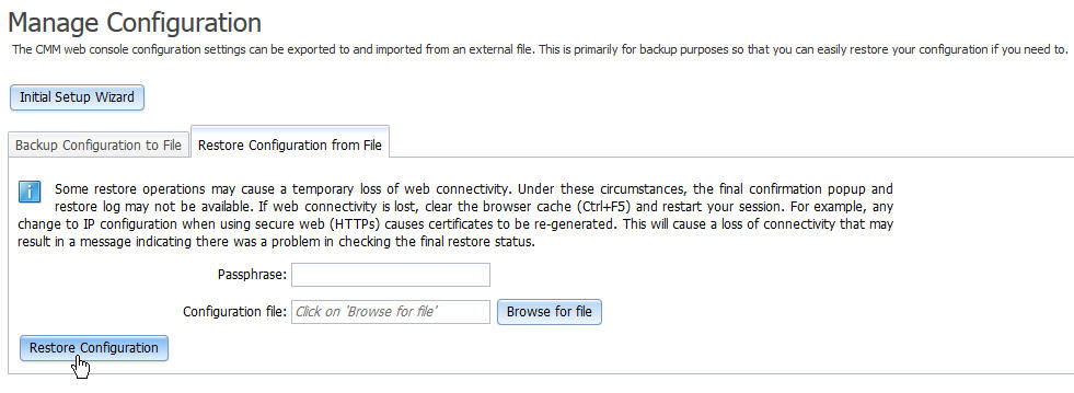 Graphic illustrating Manage Configuration page, Restore Configuration from File login screen.