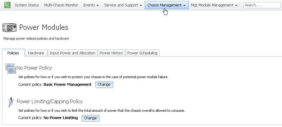 Illustration of the CMM web interface Power Modules page, Power Policies tab