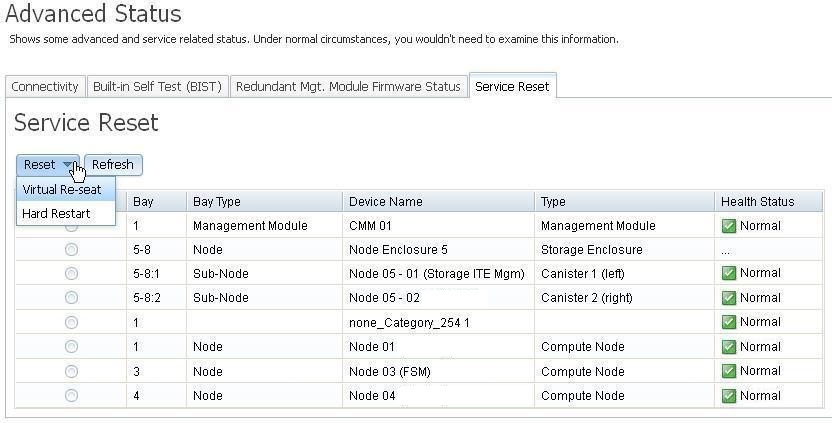 Illustration showing the Service Reset page, with the Reset options Virtual Re-seat and Hard Restart displayed.