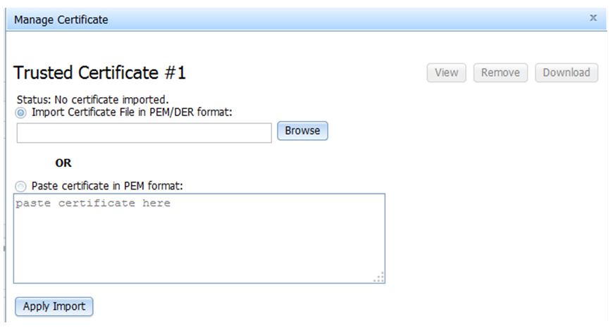 Illustration showing the "Manage Certificate" screen in the web interface.