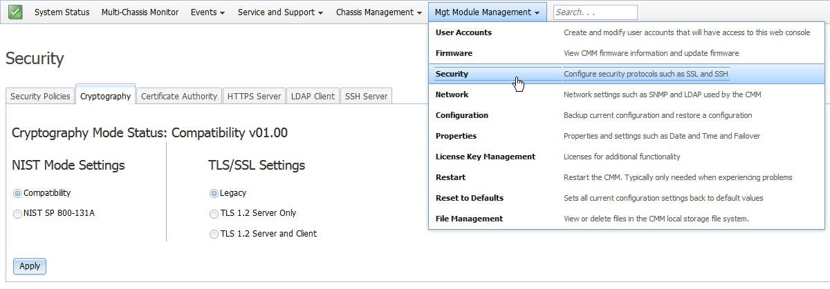 Graphic illustrating Mgt Module Management > Security > Cryptography page