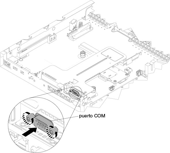 Inserción del conector de soporte del puerto COM en el conjunto de la expansión de PCIe 2