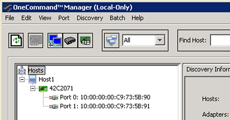 此图显示了 OneCommand Manager 中显示的 2 端口 HBA 以及每个端口的 WWPN 值。