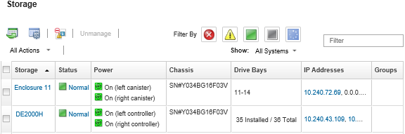 Illustrates the list of managed storage devices in the Storage page.