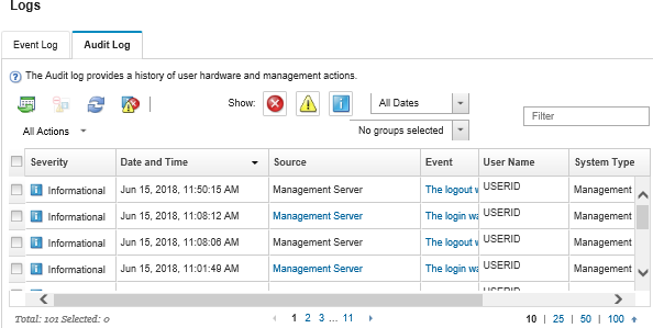 Illustrates current audit events that are listed in the Audit Log page.