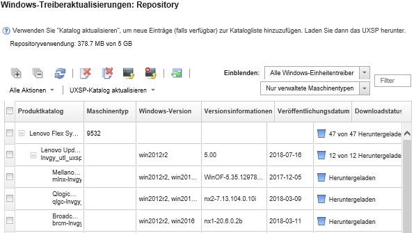 Zeigt die Liste der Windows-Einheitentreiber für die Seite „Windows-Treiberaktualisierungen: Repository“ an.