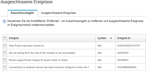 Zeigt das Dialogfenster „Ausgeschlossene Ereignisse“ an, in dem ausgeschlossene Ereignisse aufgelistet werden.