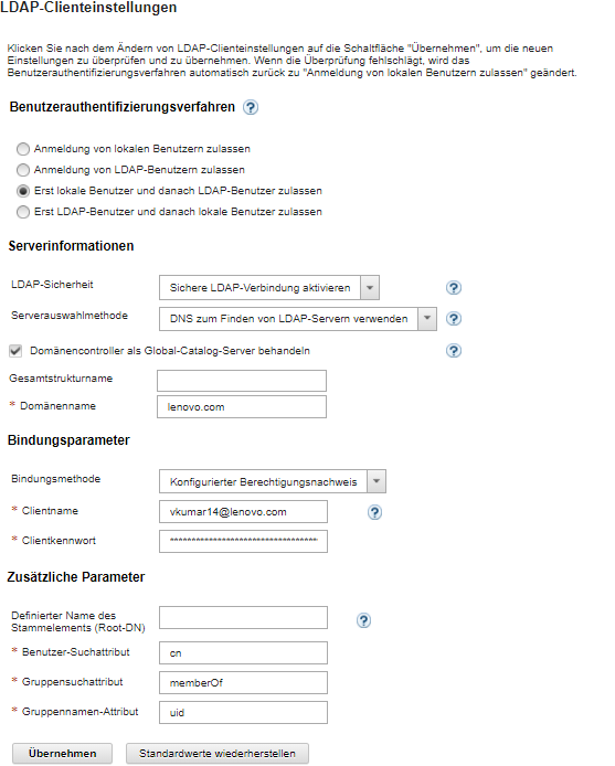 Zeigt die Seite „LDAP-Clienteinstellungen“ an.