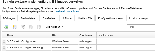 Zeigt die Seite „BS-Images verwalten“ mit einer Liste der Konfigurationseinstellungsdateien an, die in das BS-Images-Repository importiert wurden.