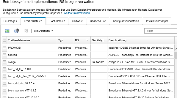 Zeigt die Seite „BS-Images verwalten“ mit einer Liste der Einheitentreiber an, die in das BS-Images-Repository importiert wurden.