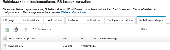 Zeigt die Seite „BS-Images verwalten“ mit einer Liste der Installationsskripts an, die in das BS-Images-Repository importiert wurden.
