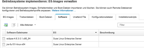 Zeigt die Seite „BS-Images verwalten“ mit einer Liste der Softwarepakete an, die in das BS-Images-Repository importiert wurden.