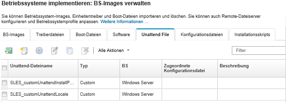 Zeigt die Seite „BS-Images verwalten“ mit einer Liste der Unattend-Dateien an, die in das BS-Images-Repository importiert wurden.