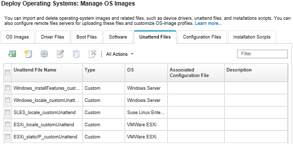 Zeigt die Seite „BS-Images verwalten“ mit einer Liste der Unattend-Dateien an, die in das BS-Images-Repository importiert wurden.