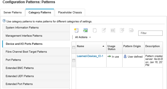 Illustrates the list of customized device and I/O ports patterns on the Configuration Patterns: Category Patterns page.