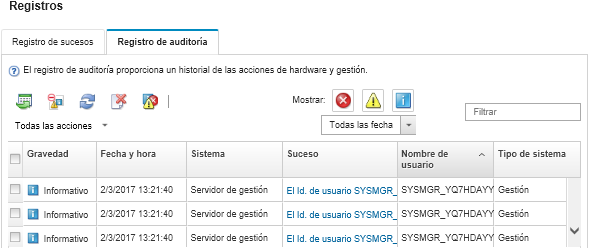 Muestra los sucesos de auditoría actuales que se enumeran en la página Registro de auditoría.