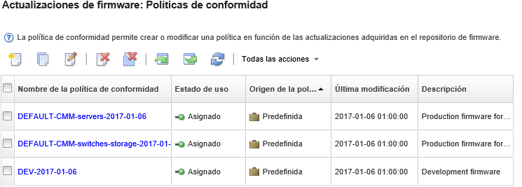 Ilustra la lista de políticas de conformidad de la página Actualizaciones de firmware: Políticas de conformidad.