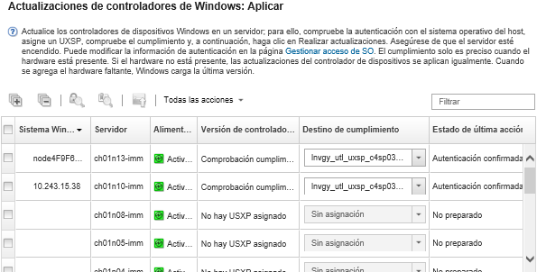 Muestra la lista de los servidores de destino en la página Actualizaciones de controladores de Windows: aplicar actualizaciones.