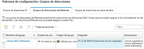 Ilustra la lista de grupos de direcciones IP personalizadas de la página Patrones de configuración: Grupos de direcciones.