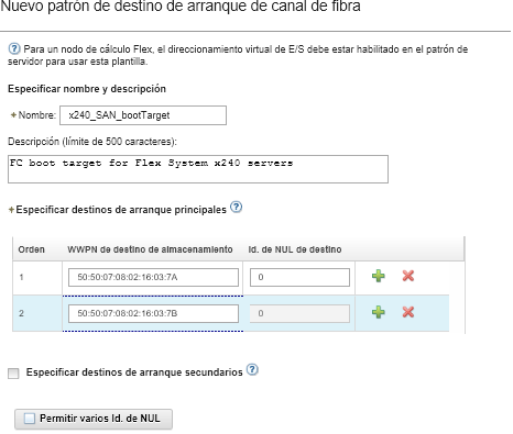 Captura de pantalla donde se muestra la asignación de los identificadores de WWPN de almacenamiento y LUN de destino.
