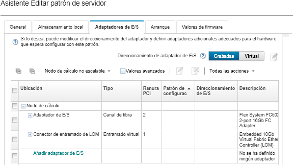 Captura de pantalla donde se muestra la página de adaptadores de E/S con adaptadores de Ethernet y Fibre Channel especificados.