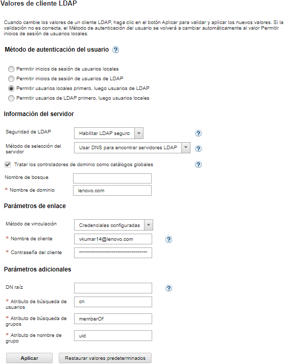 Ilustra la página Valores de cliente LDAP.