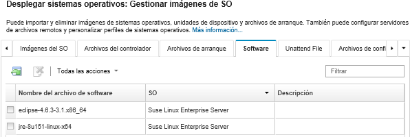 Muestra la página Gestionar imágenes de SO con una lista de paquetes de software que se han importado al repositorio de imágenes del SO.