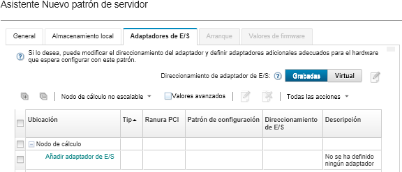 Muestra las opciones de los adaptadores de E/S del Asistente de Nuevo patrón de servidor.