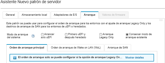 Captura de pantalla donde se muestran las opciones de arranque de SAN del Asistente de Nuevo patrón de servidor.