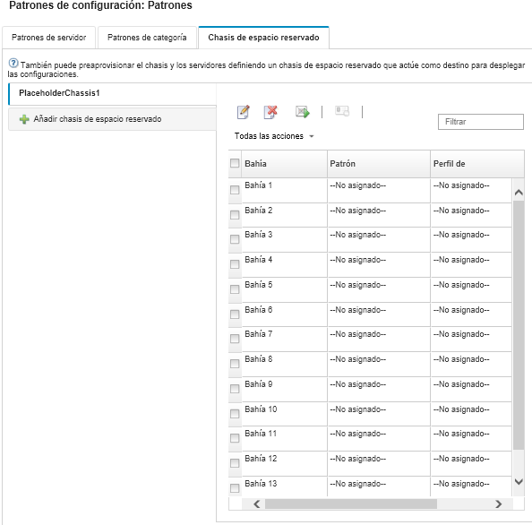 Ilustra la lista de bahías de un chasis de espacio reservado en la página Patrones de configuración: Chasis de espacio reservado