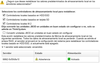 Captura de pantalla que muestra el cuadro de diálogo que solicita información adicional acerca de cómo restablecer el almacenamiento local a los valores predeterminados.