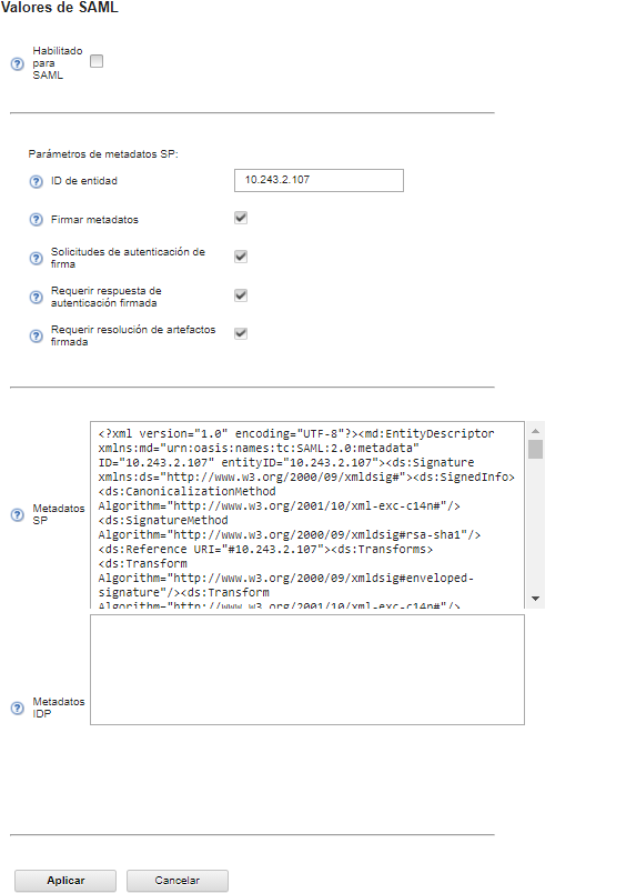 Ilustra la página Configuración de SAML.