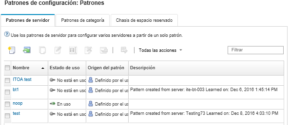 Ilustra la lista de patrones de servidor personalizados de la página Patrones de configuración: Patrones.