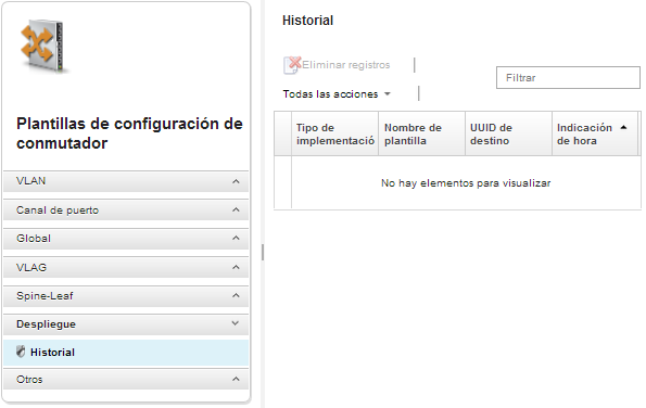 Captura de pantalla donde se muestra la página Historial de configuración de conmutador.