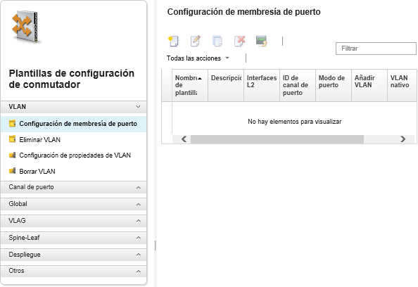 Captura de pantalla donde se muestra la página Switch Configuration Templates (Plantillas de configuración de conmutador).