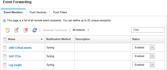 Illustrates the Event Forwarding dialog that lists the event forwarders.