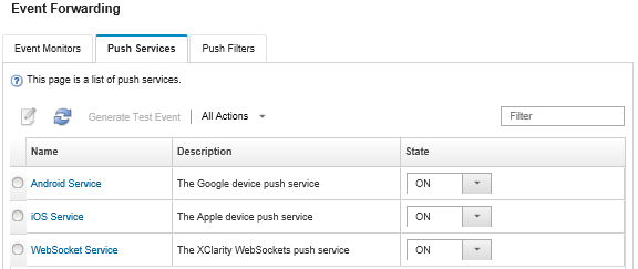 Illustrates the Event Forwarding dialog that lists the event forwarding push services.