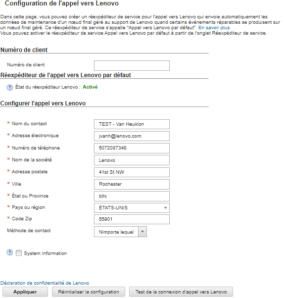 Illustre les informations Configuration de l'appel vers Lenovo sur la page Service et support.