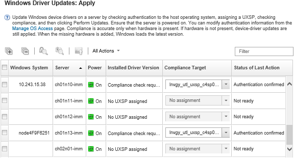 Illustre la liste des serveurs cibles sur la page Mises à jour de pilote Windows : Appliquer les mises à jour.