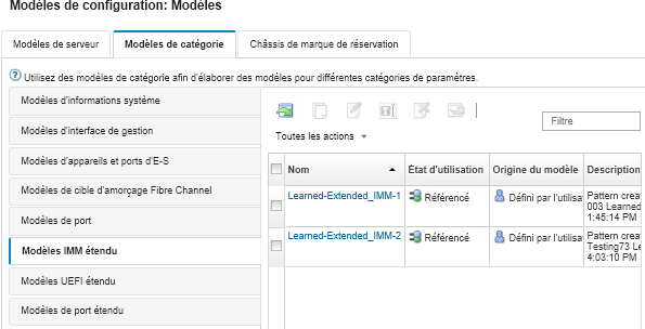 Illustre la liste des modèles de ports personnalisés sur la page Modèles de configuration : modèles de catégorie.