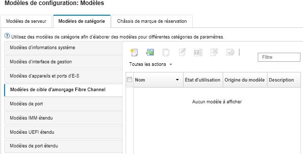 Illustre la liste des modèles de cible d'amorçage Fibre Channel personnalisée sur la page Modèles de configuration : modèles de catégorie.