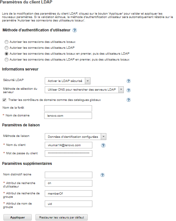 Illustre la page Paramètres du client LDAP.